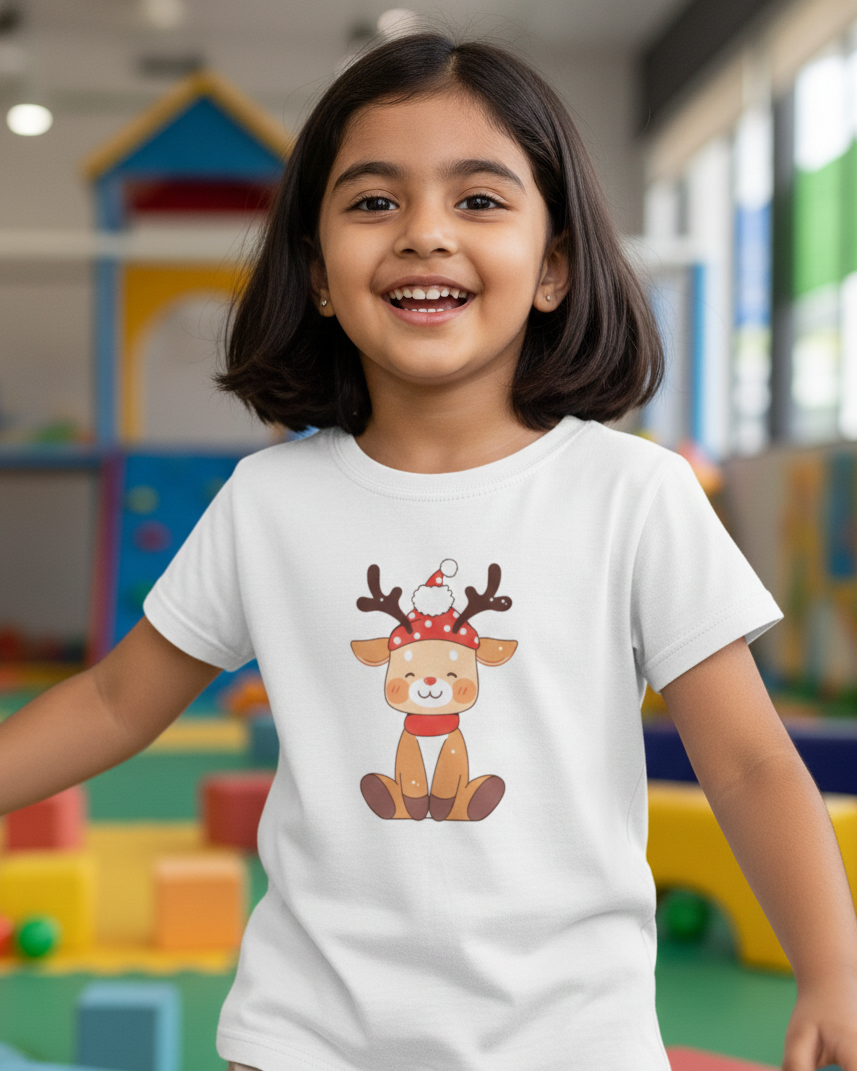 Child wearing a white t-shirt with a reindeer graphic in a colorful indoor setting