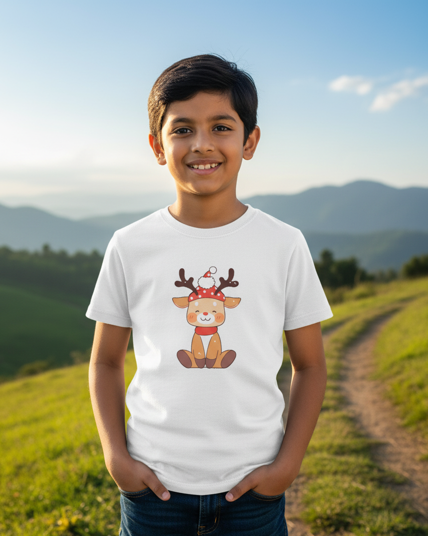 Child wearing a white t-shirt with a reindeer graphic in a scenic outdoor setting