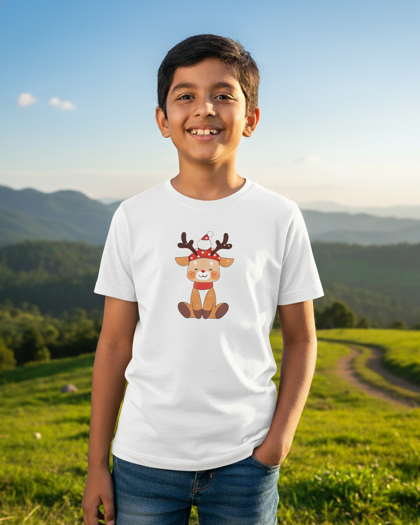 Child wearing a white t-shirt with a reindeer graphic in a scenic outdoor setting