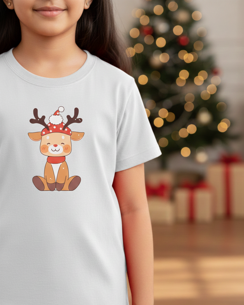 Child wearing a white t-shirt with a reindeer graphic in front of a Christmas tree and presents.