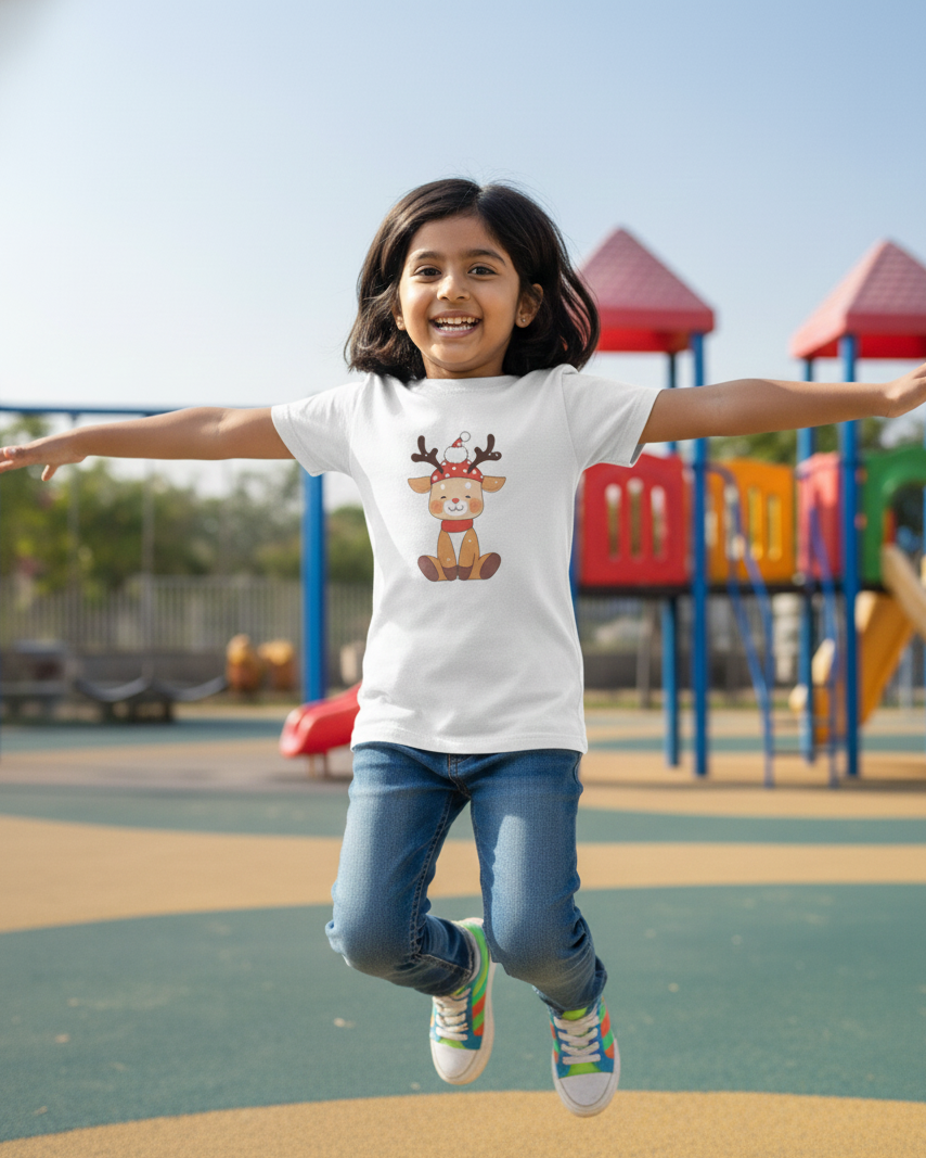 Child wearing a white t-shirt with a reindeer graphic on a playground