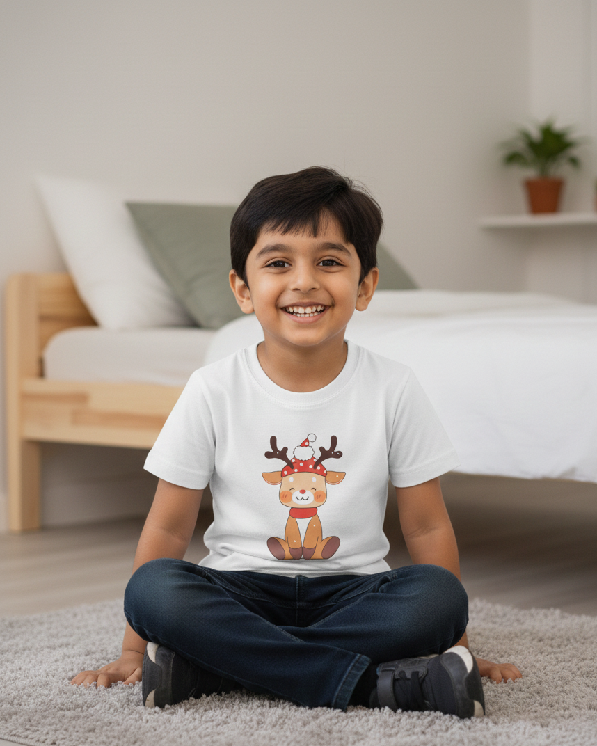 Child wearing a white t-shirt with a reindeer graphic sitting on a carpeted floor.