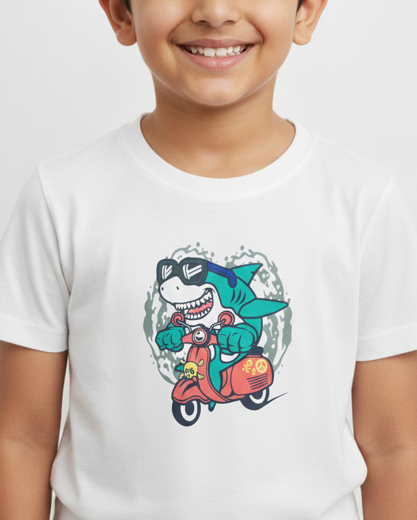 Child wearing a white t-shirt with a shark graphic design on a plain background
