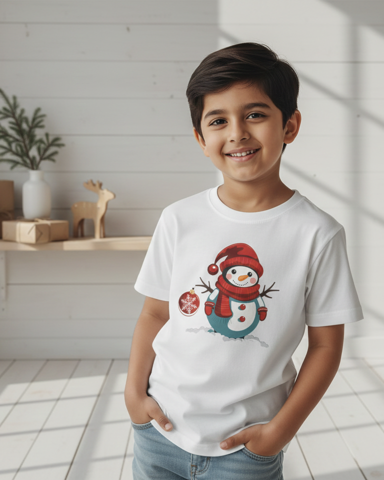 Child wearing a white t-shirt with a snowman design in a bright room.