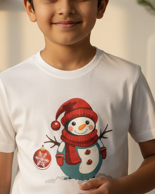 Child wearing a white t-shirt with a snowman design in a home setting