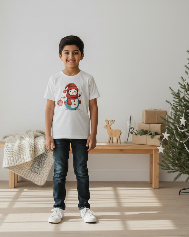 Child wearing a white t-shirt with a snowman design in a room with a Christmas tree.