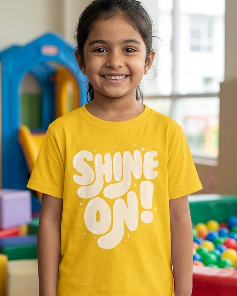 Child wearing a yellow shirt with 'SHINE ON!' text in a colorful indoor setting