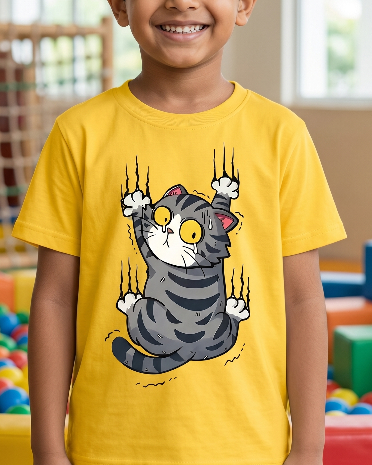 Child wearing a yellow t-shirt with a cat graphic in a colorful room.