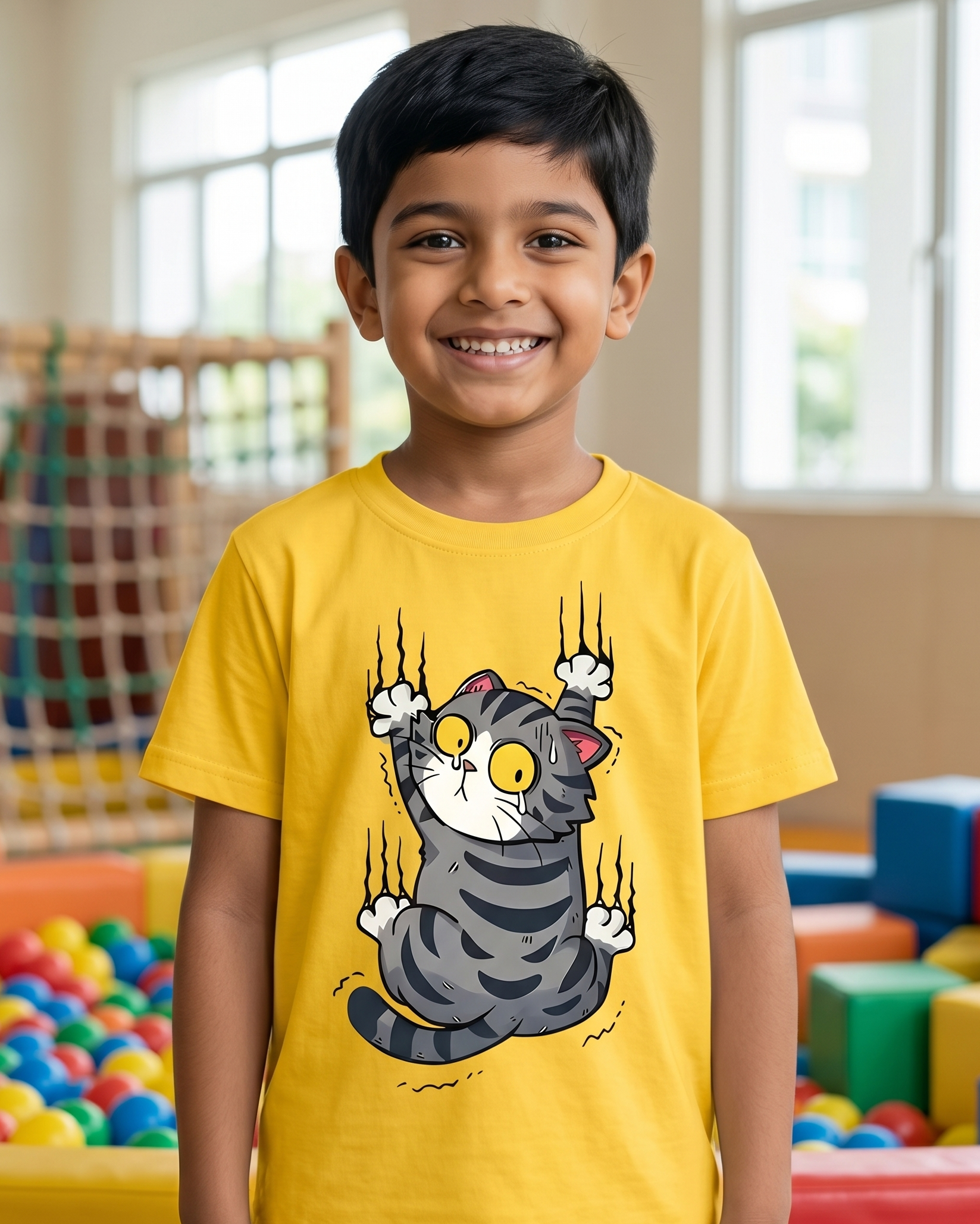 Child wearing a yellow t-shirt with a cat sliding graphic in a colorful room.