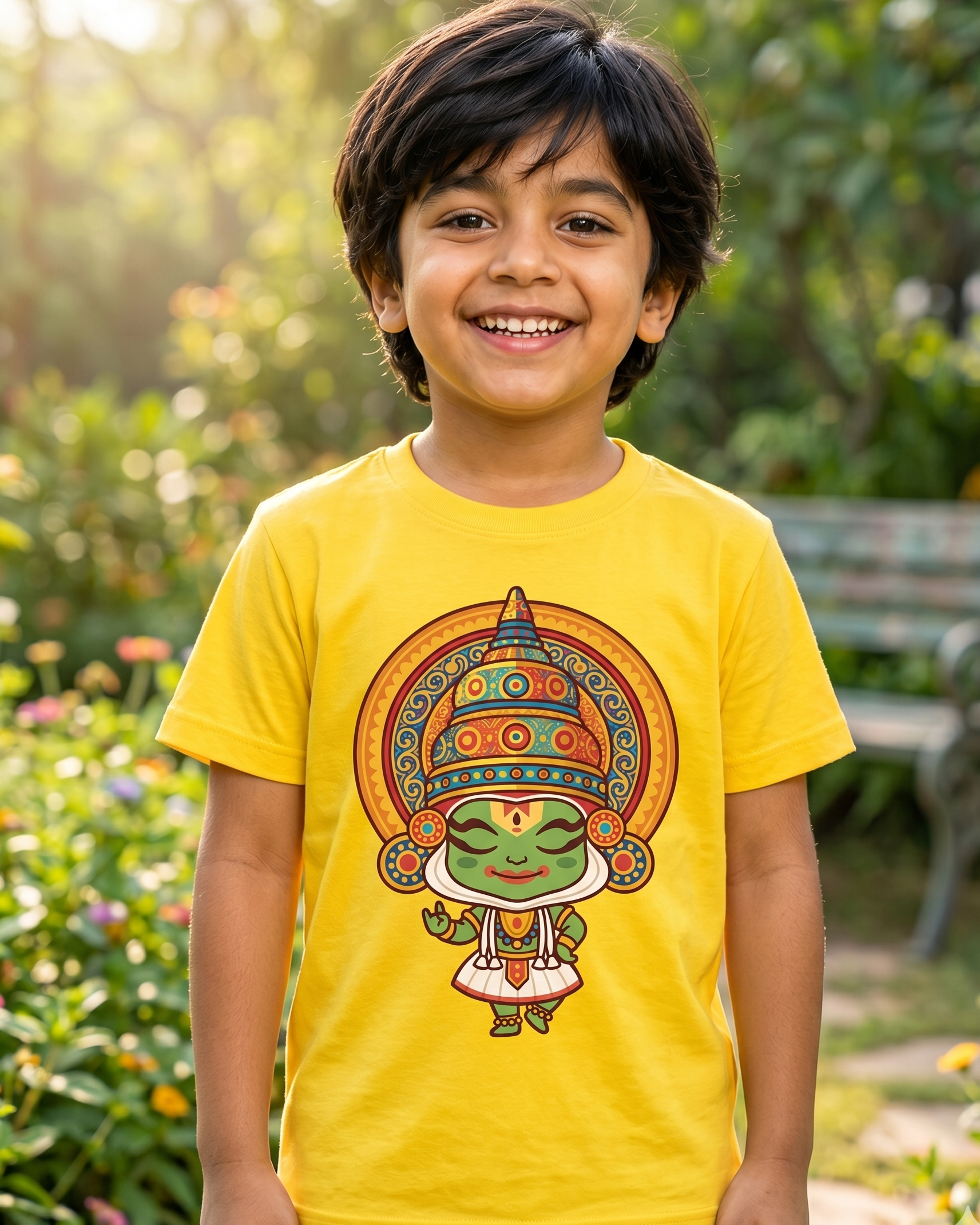 Child wearing a yellow t-shirt with a colorful graphic, standing outdoors in a garden.