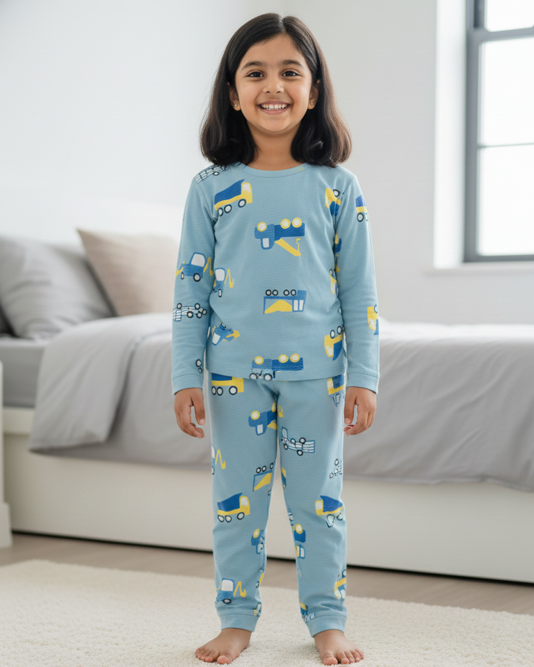 Child wearing blue pajamas with vehicle pattern in a living room.