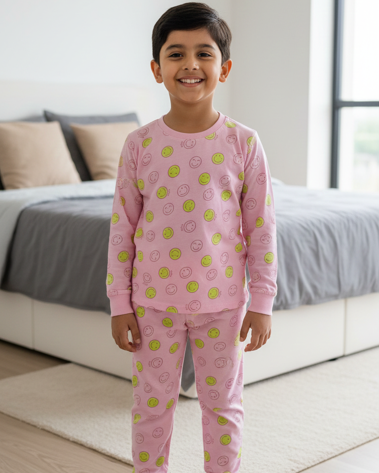 Child wearing pink pajamas with a pattern in a bedroom