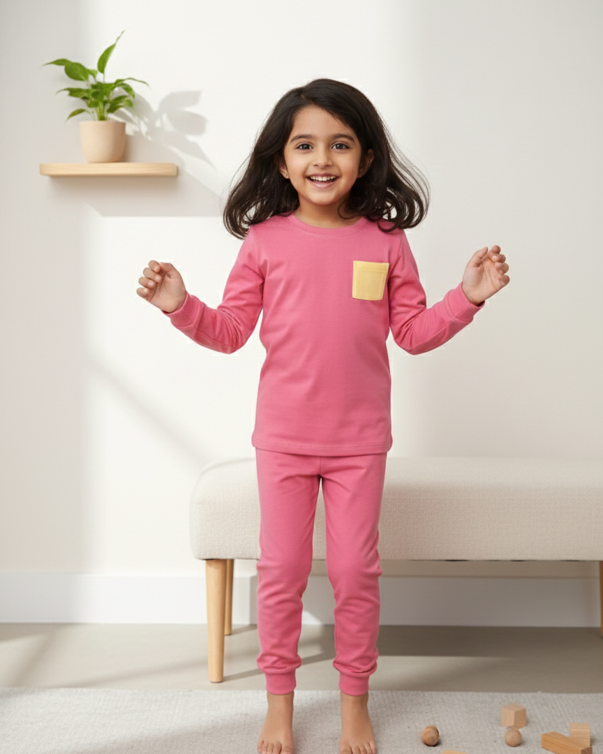 Child wearing pink pajamas with a yellow pocket in a room with a white wall and a small plant on a shelf.