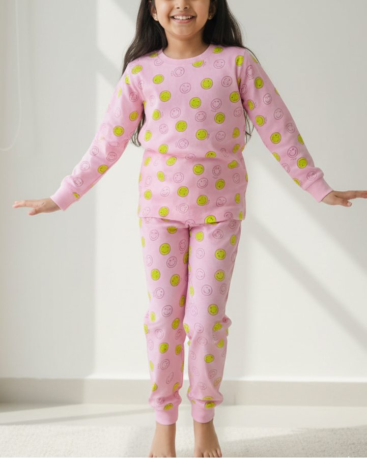 Child wearing pink pajamas with yellow polka dots standing against a white background