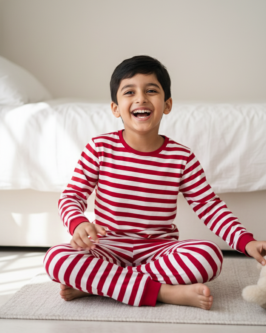 Child wearing red and white striped pajamas sitting on a bed.