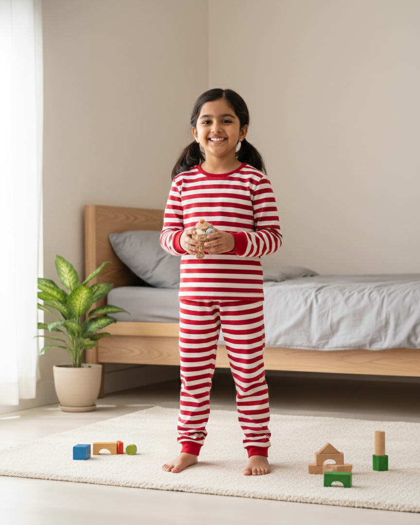 Child wearing red and white striped pajamas standing in a bedroom with blocks and a plant.