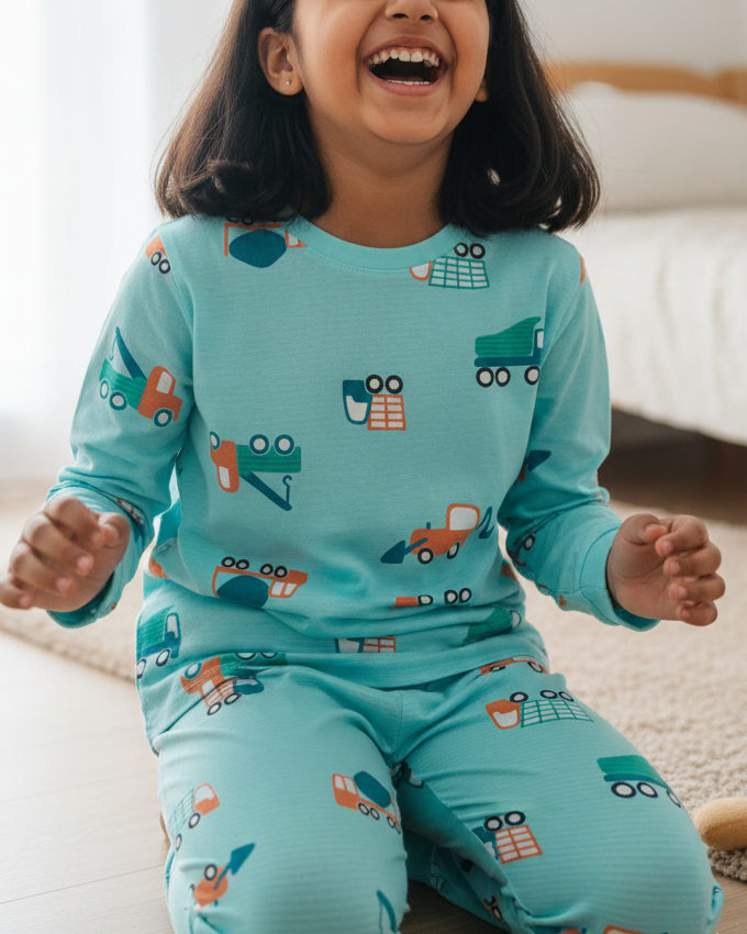 Child wearing teal pajamas with vehicle prints, sitting on a bed.