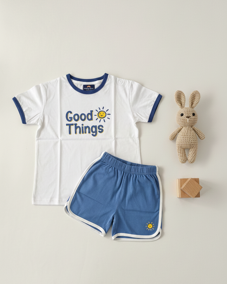 Children's outfit with white t-shirt and blue shorts on a light gray background