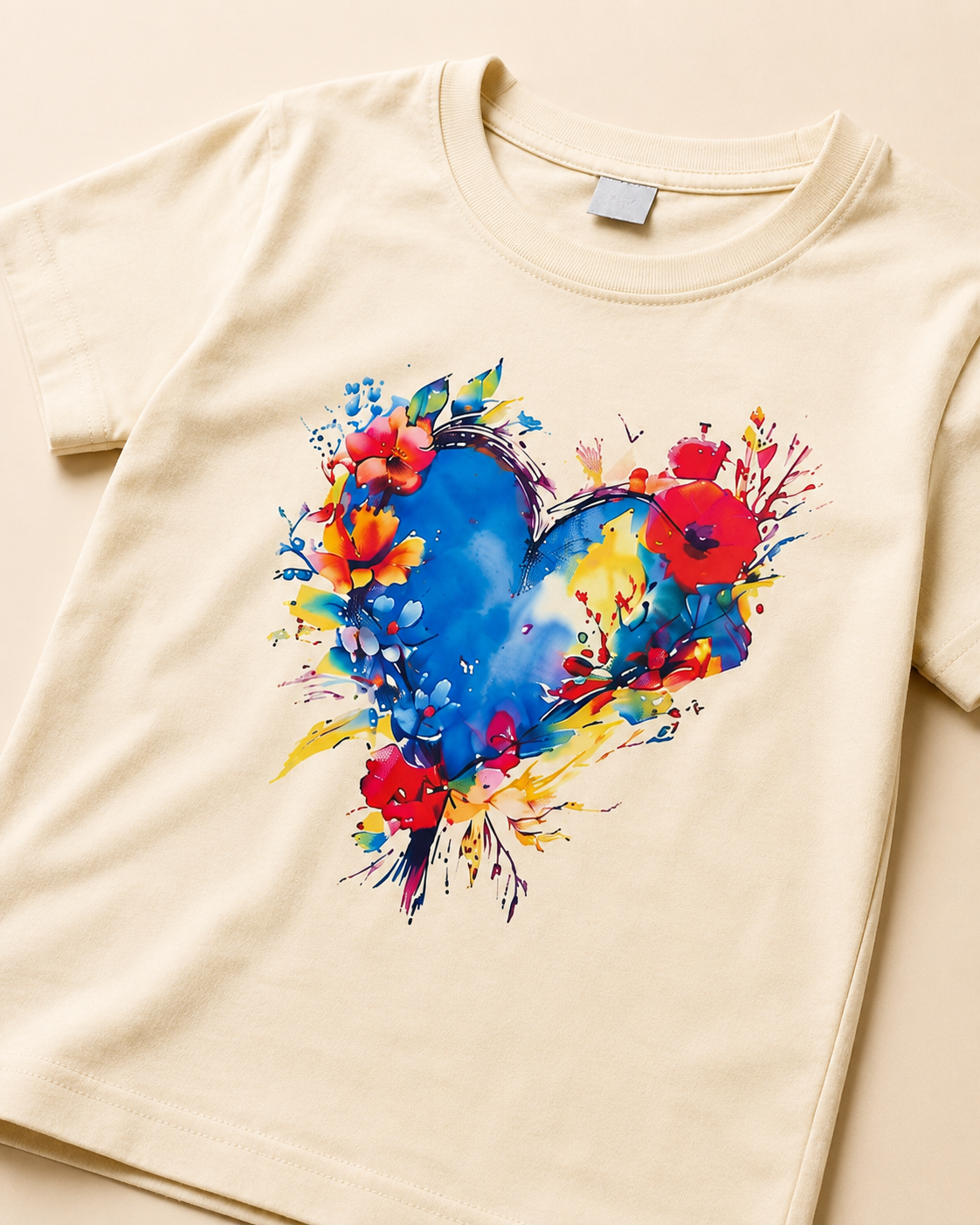 Close view of Colourful heart Sandal Kid's T-shirt  placed on the Light beige Background