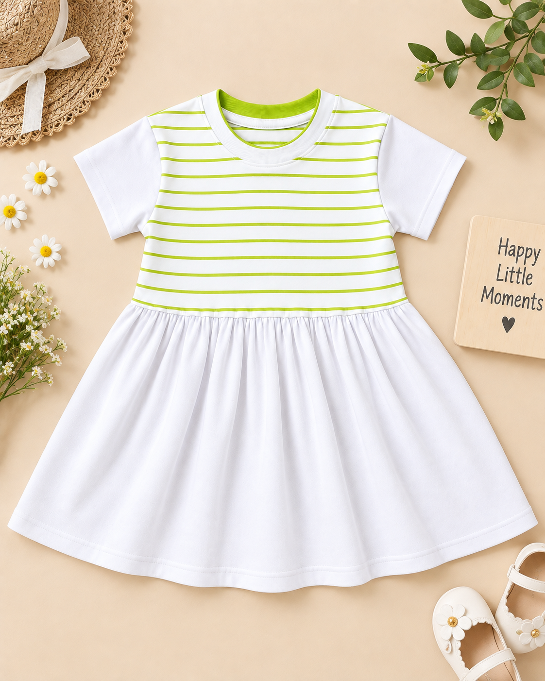 Comfortable kids’ frock featuring a green striped bodice, contrast white sleeves, and a soft gathered skirt placed on the light beige background