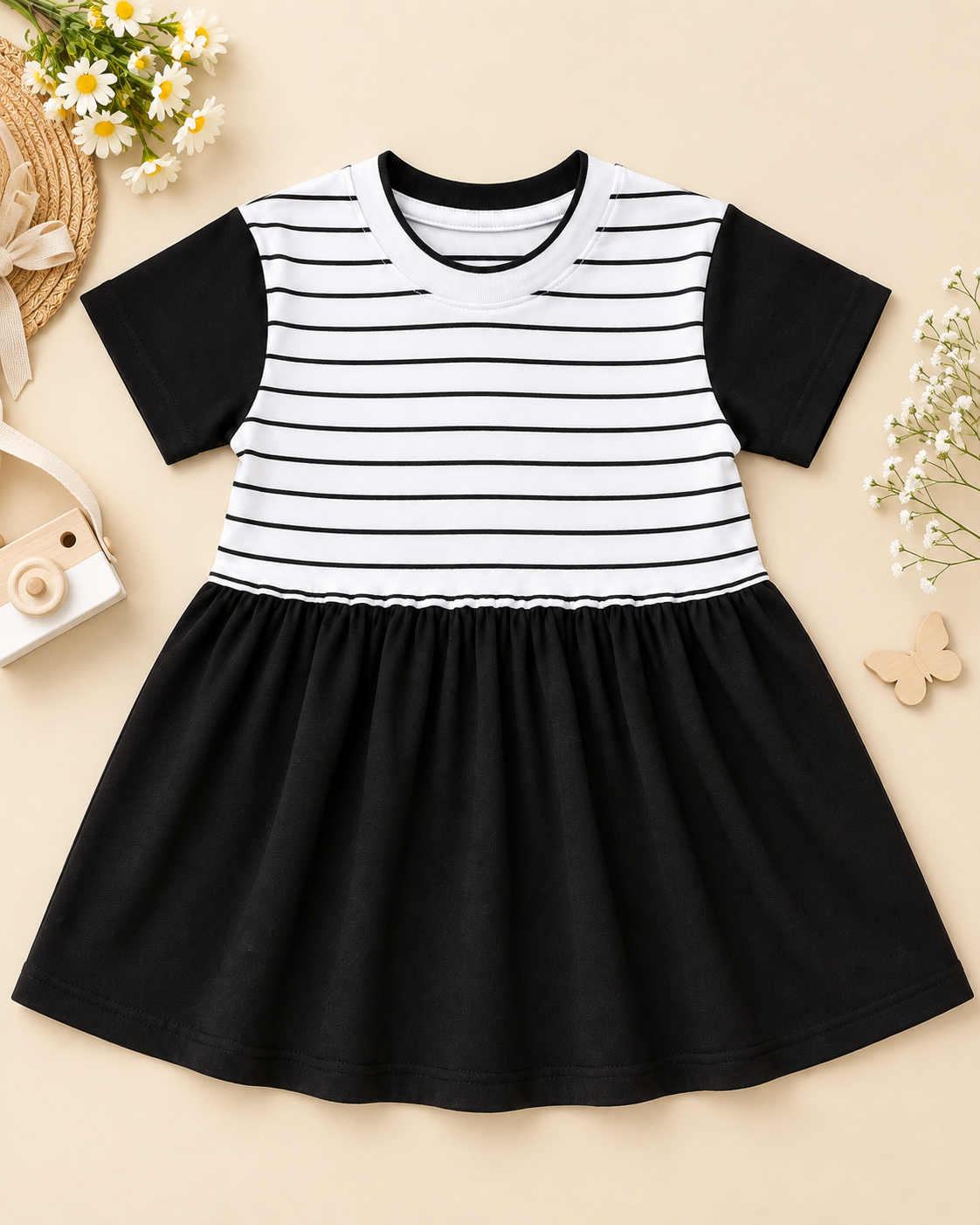 Comfortable kids’ frock featuring a striped bodice, contrast black sleeves, and a soft gathered skirt placed on the light beige background
