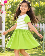 Comfortable kids’ frock featuring a striped bodice, contrast green sleeves, and a soft gathered skirt. 