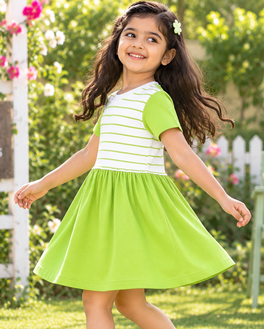 Comfortable kids’ frock featuring a striped bodice, contrast green sleeves, and a soft gathered skirt. 