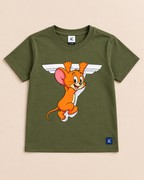Cute Jerry Olive Green Half sleeve T-shirt placed on the light beige background