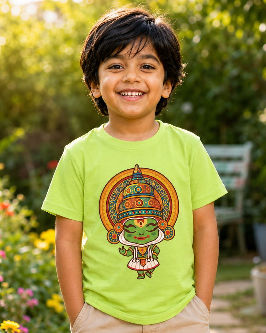 Boy wearing a Cute Kathakali Light Green Kid's Half Sleeve T-Shirt