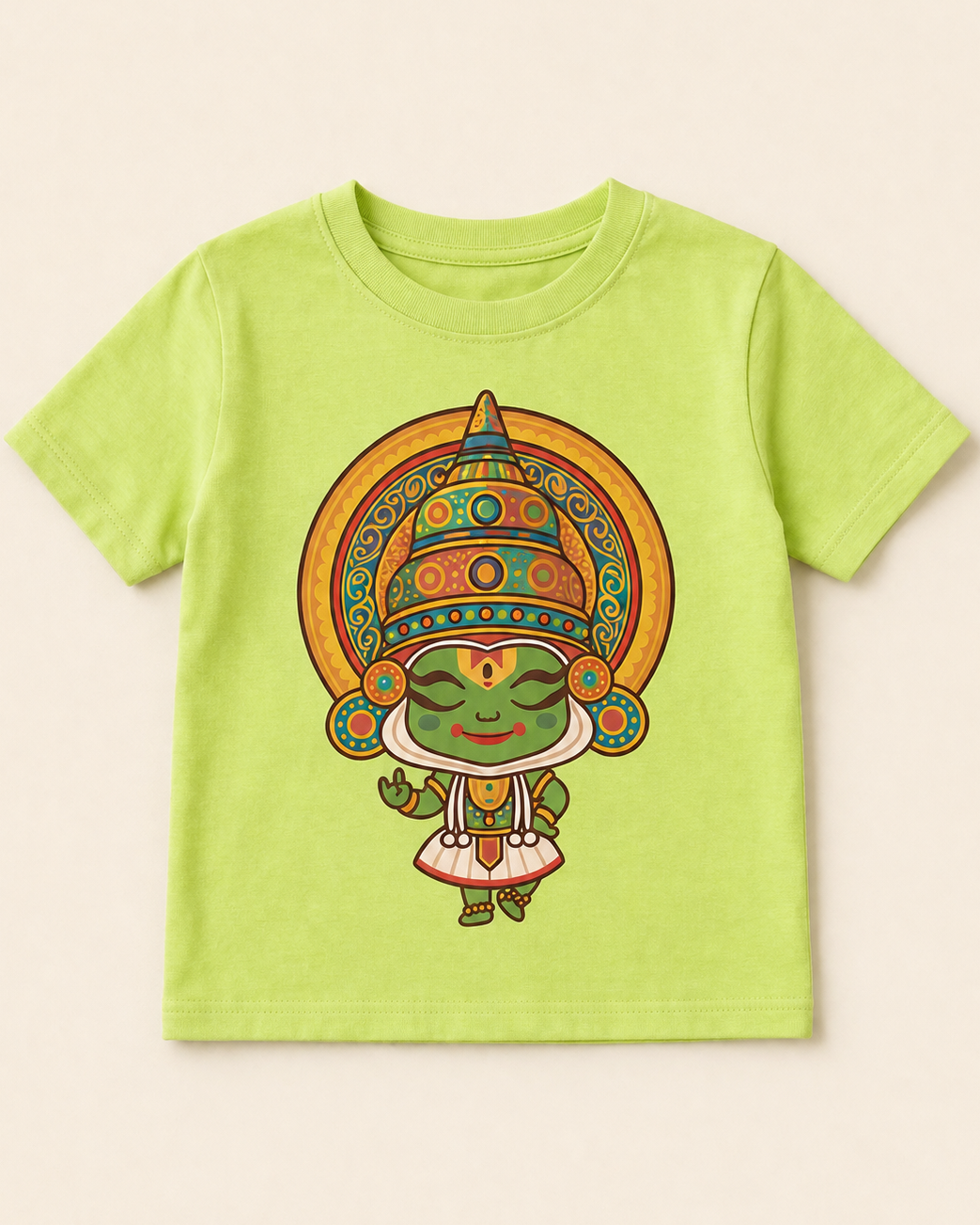 Cute Kathakali Light Green Kid's Half Sleeve T-Shirt placed on the light beige background
