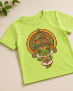 Close view of Cute Kathakali Light Green Kid's Half Sleeve T-Shirt placed on the light beige background