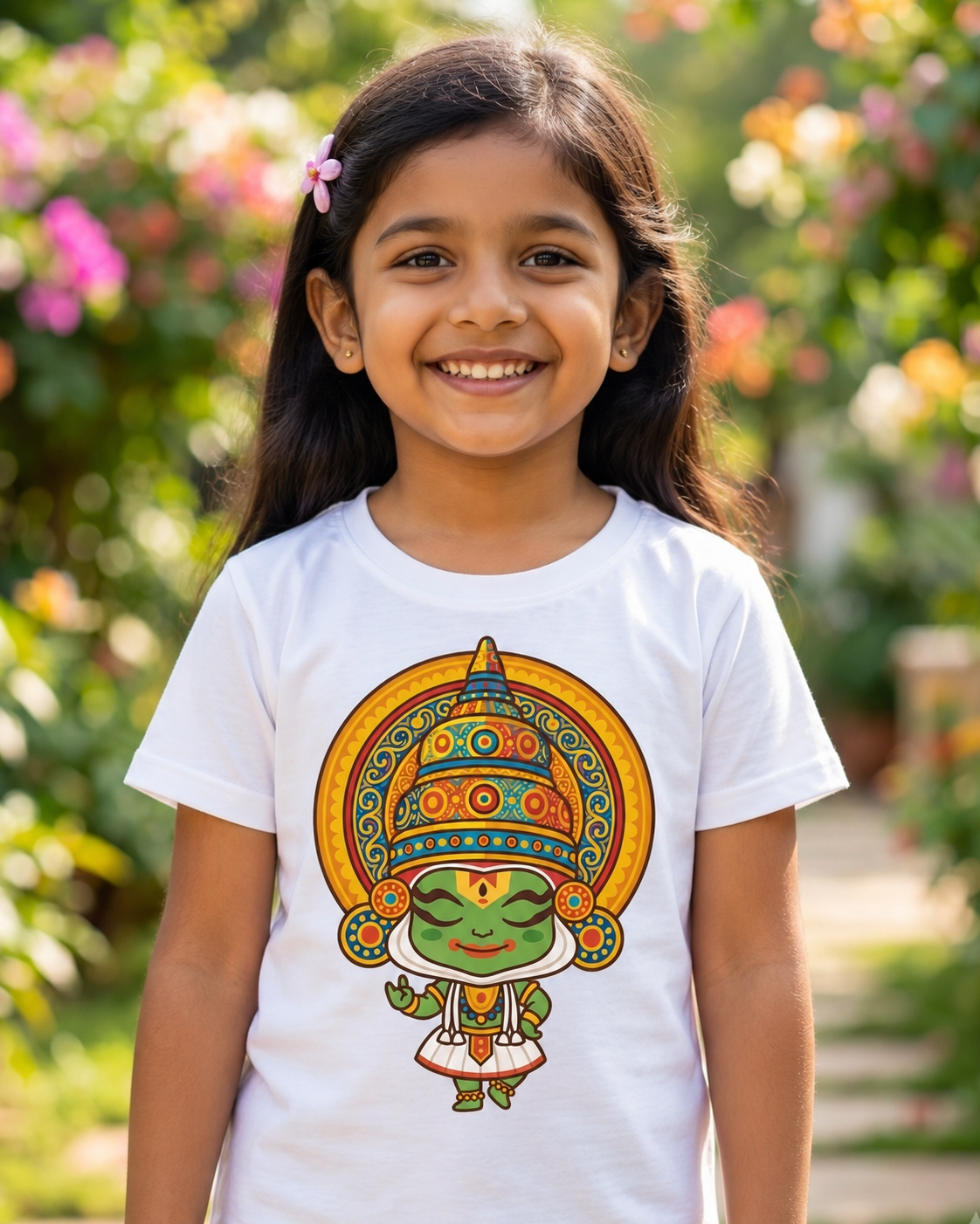 Girl wearing a Cute Kathakali white Kid's Half Sleeve T-Shirt