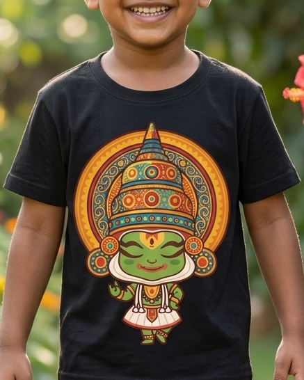 Little Kathakali print Black Kid's T-Shirt closeup view