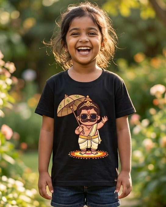 Girl wearing a Cute Maveli BLACK Kid's Half Sleeve T-Shirt closeup view