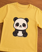 Cute Panda Print Yellow T-shirt placed on wooden background