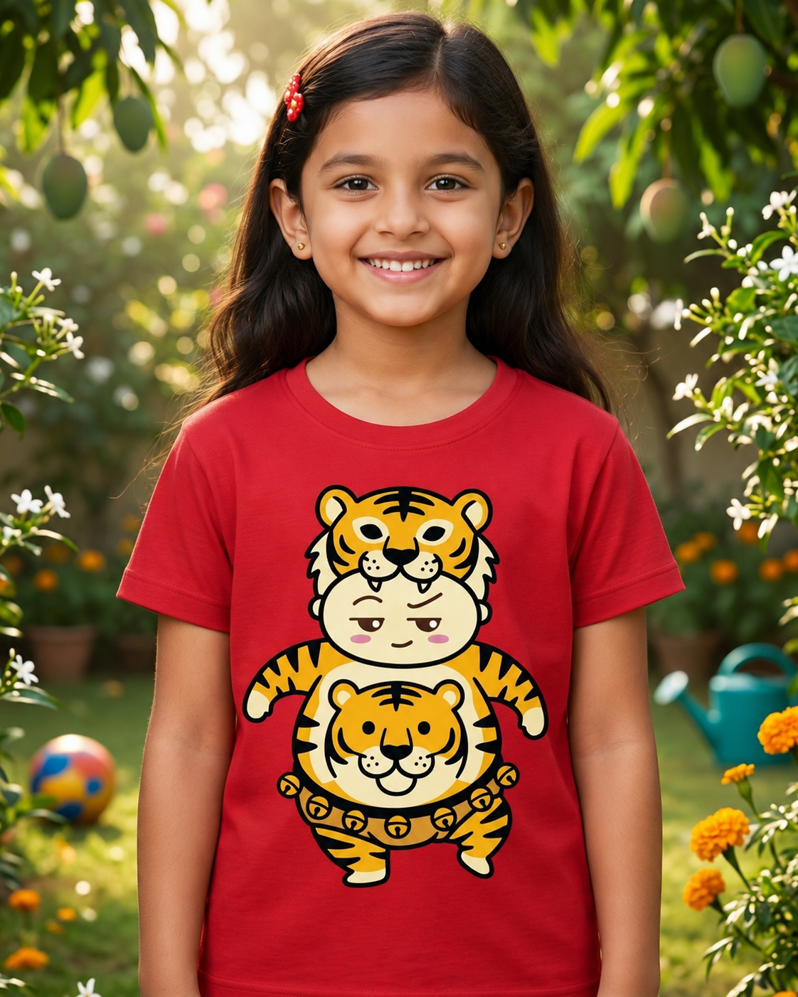 Girl wearing a Cute Pulikali Red Kids T-Shirt