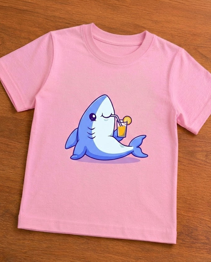 Cute Shark drinking juice print design in T shirt 