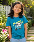 Girl wearing a Cute Shark in scooter print in Kids Teal Blue T-shirt 