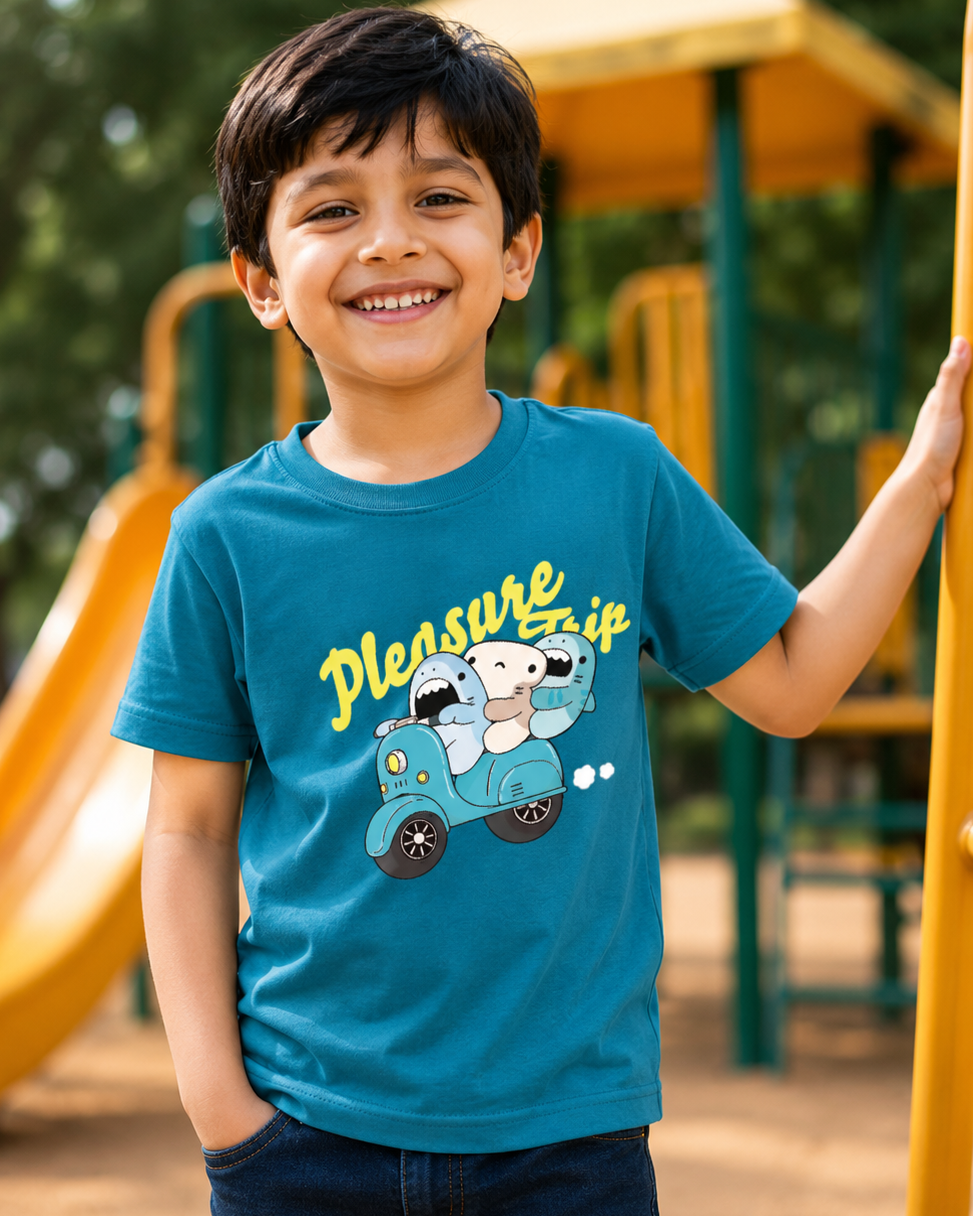 Boy wearing a Cute Shark in scooter print in Kids Teal Blue T-shirt 