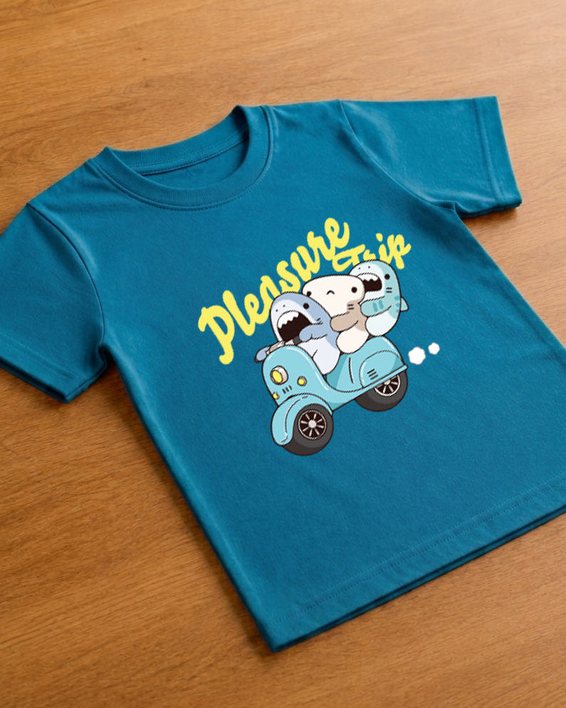 Cute Shark in scooter print in Kids Teal Blue T-shirt placed on wooden background