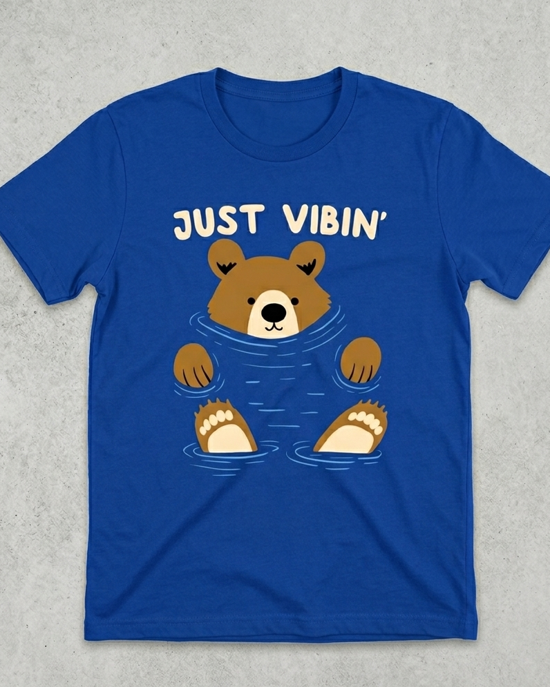 Cute bear vibing in lake print design in royal blue t shirt 