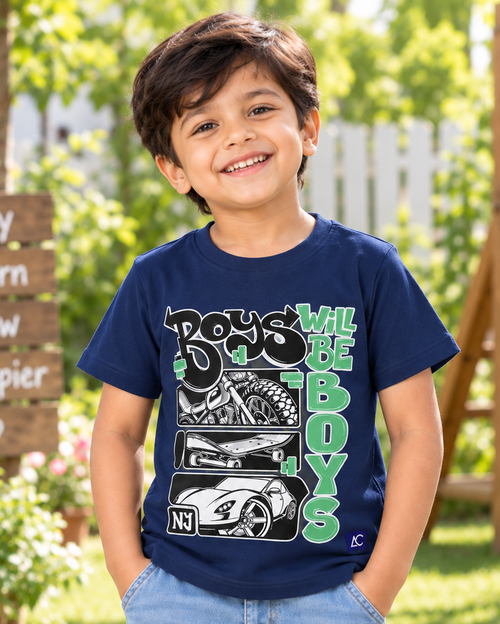 Cute boy wearing a Boys will be Boys Navy Half sleeve T-shirt 