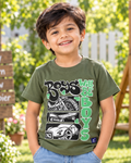 Cute boy wearing a Boys will be Boys Olive Green  Half sleeve T-shirt 