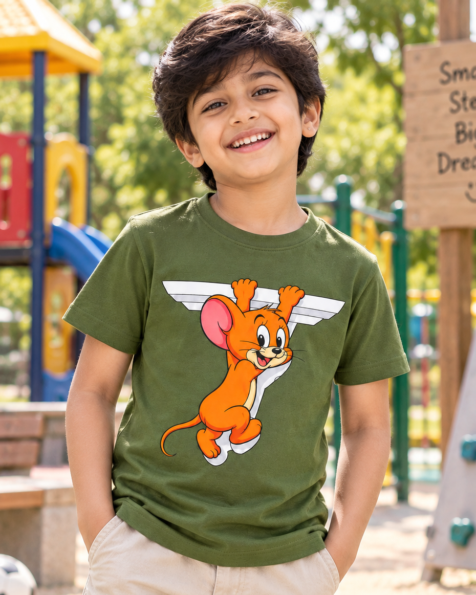 Cute boy wearing a Cute Jerry Olive Green Half sleeve T-shirt 