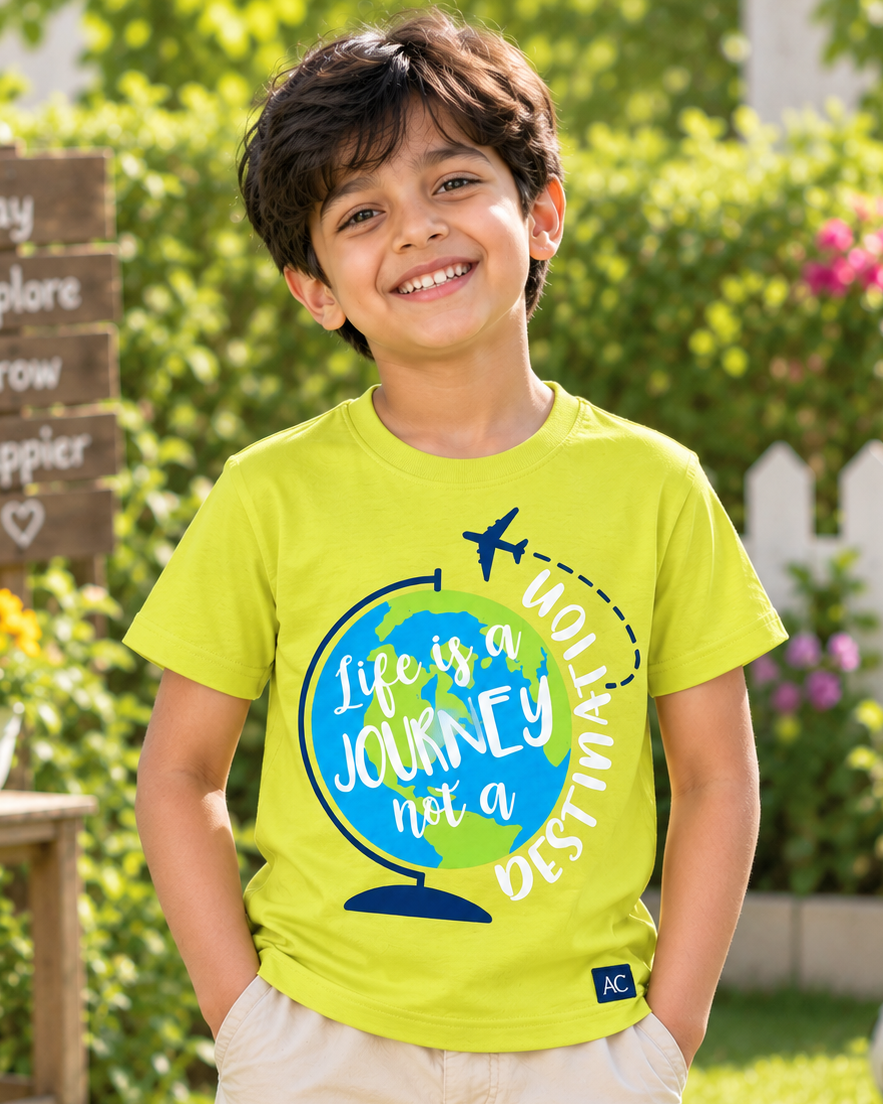 Cute boy wearing a Life is a Journey Lime Green Half sleeve T-shirt 