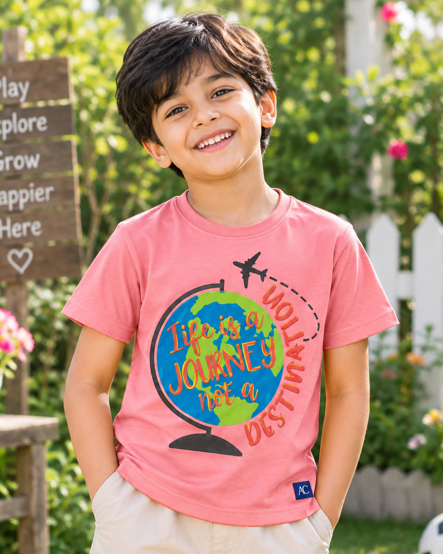 Cute boy wearing a Life is a Journey Peach Half sleeve T-shirt 