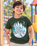 Cute boy wearing an Adventure Compass Olive Green Half sleeve T-shirt 