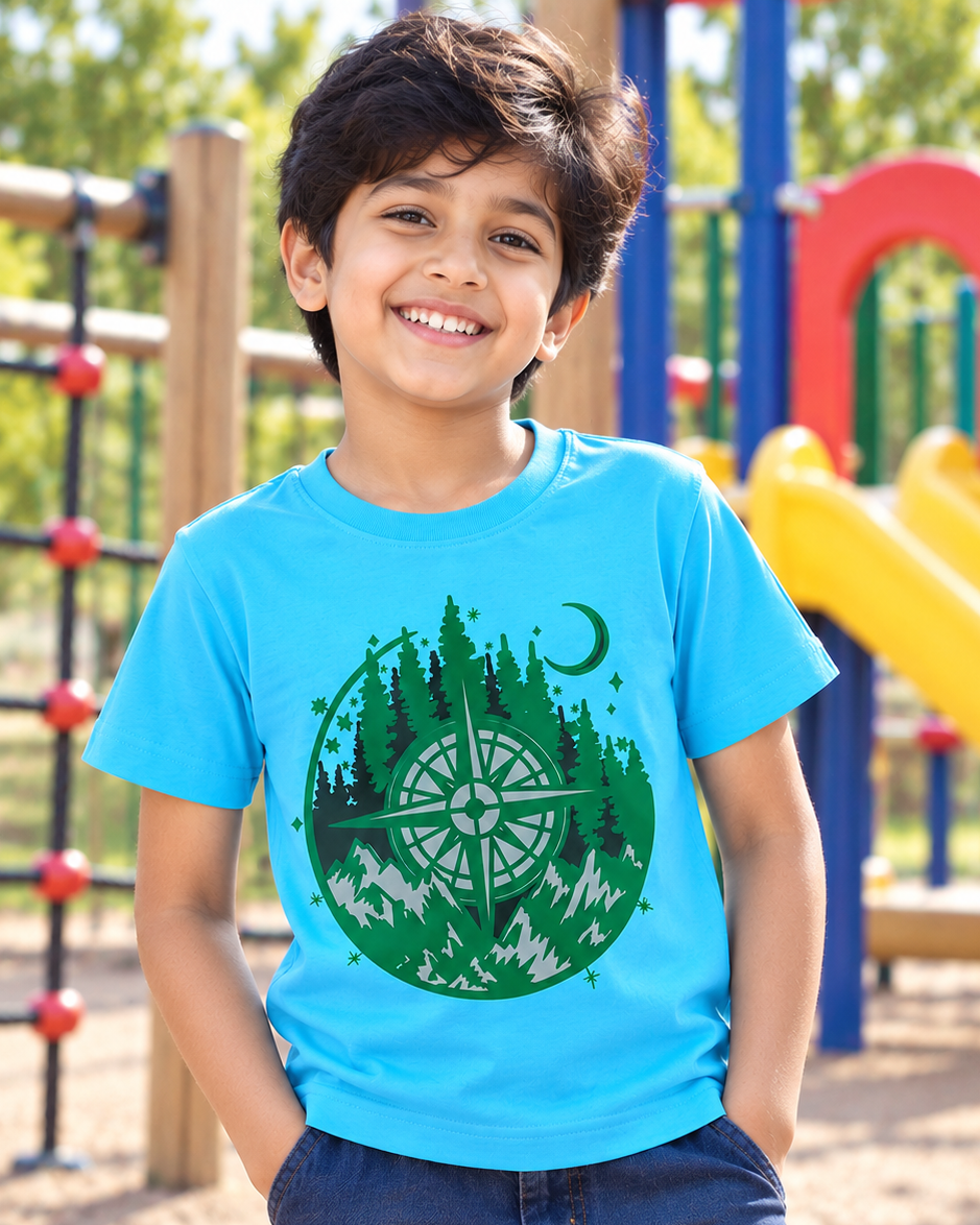 Cute boy wearing an Adventure Compass Sky Blue Half sleeve T-shirt 
