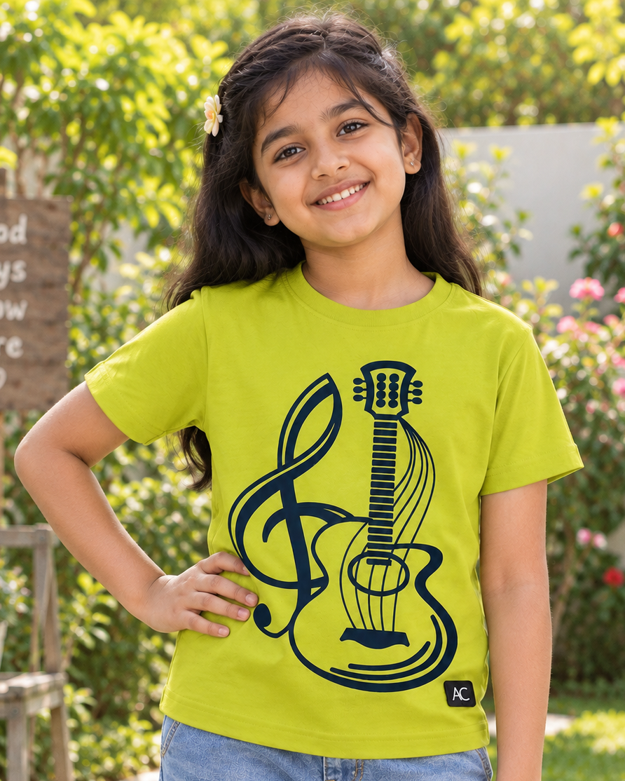 Cute girl wearing a Guitar Lime Green Half sleeve T-shirt 