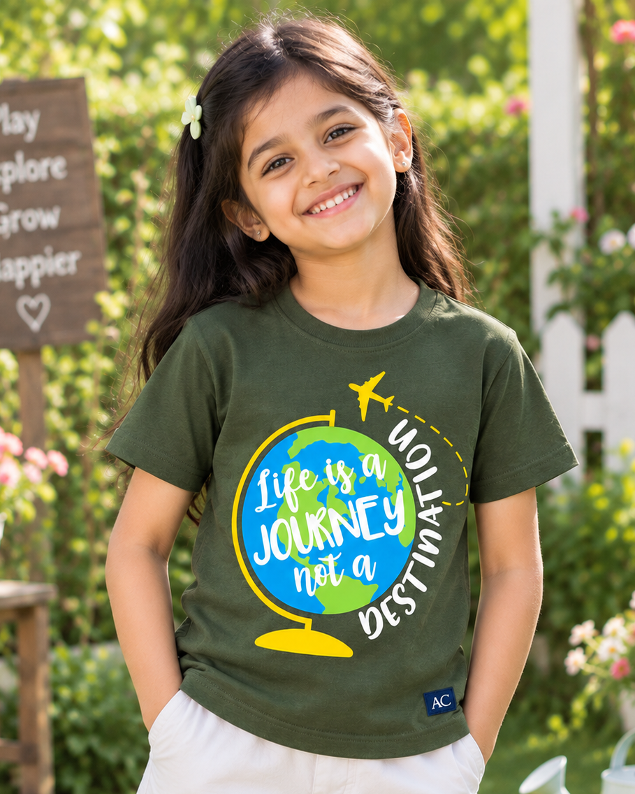 Cute girl wearing a Life is a Journey Olive Green Half sleeve T-shirt 